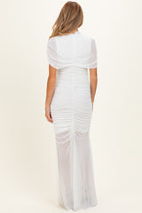 Ivory Draped Bodice Ruched Mesh Maternity Maxi Dress