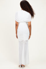 Ivory Draped Bodice Ruched Mesh Maxi Dress