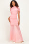 Rose Draped Bodice Ruched Mesh Maxi Dress