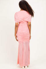 Rose Draped Bodice Ruched Mesh Maxi Dress
