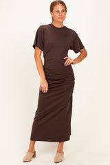 Brown Drop Shoulder Ruched Maternity Maxi Dress