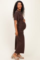 Brown Drop Shoulder Ruched Maternity Maxi Dress