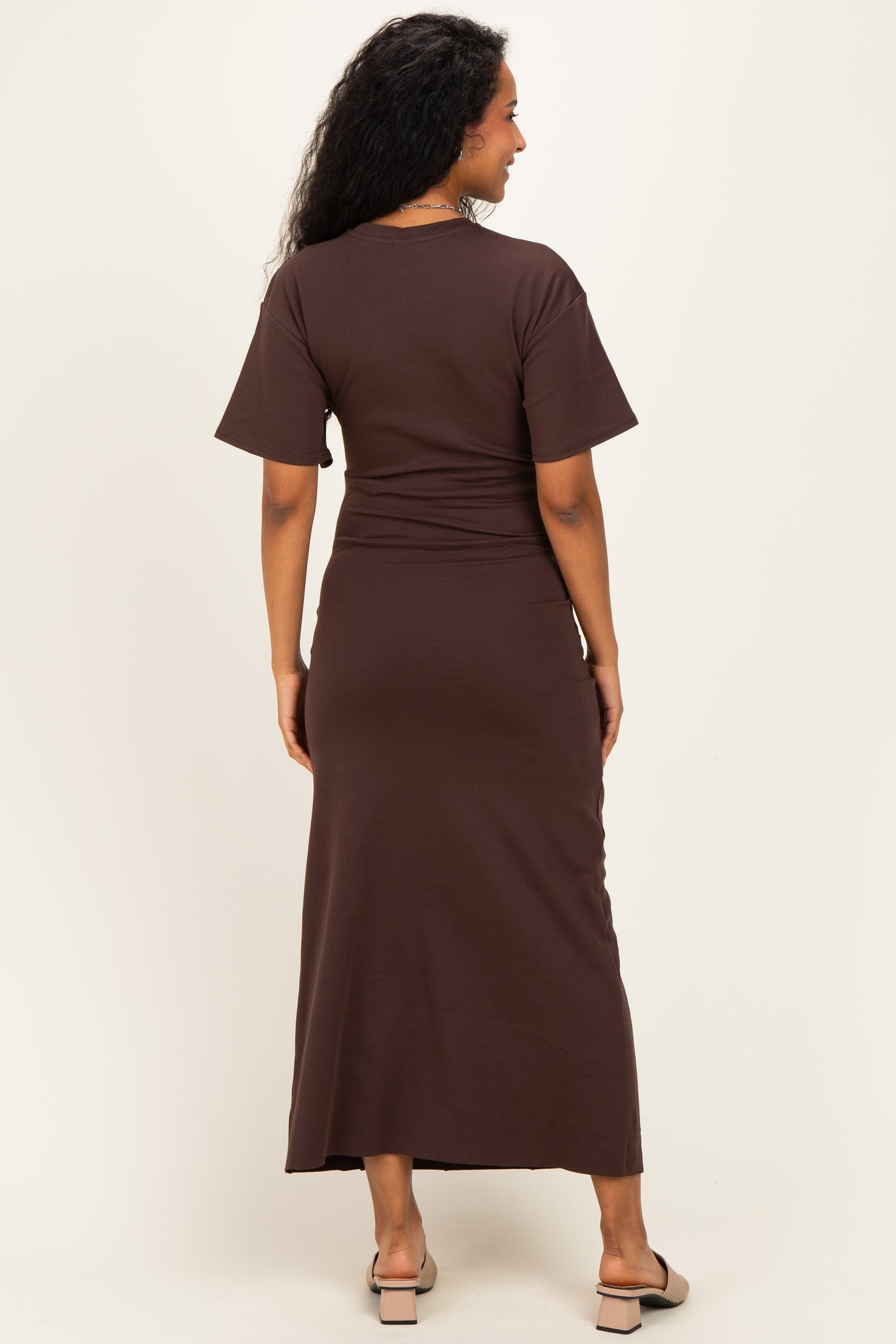Brown Drop Shoulder Ruched Maternity Maxi Dress
