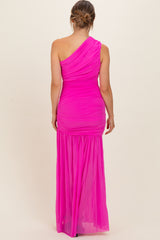 Fuchsia Pink Ruched Mesh One Shoulder Maternity Maxi Dress