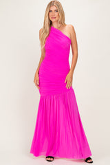 woman wearing a bright pink one-shoulder maxi dress with ruched detailing and a flowy skirt