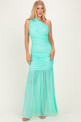 Jelly Mint Ruched Mesh One Shoulder Maternity Maxi Dress