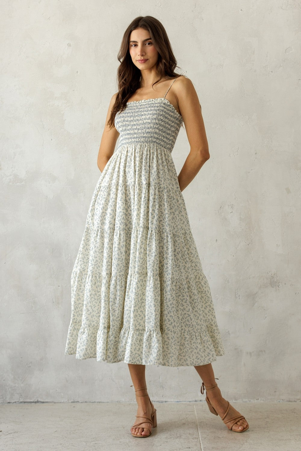 Cream Blue Floral Smocked Tiered Maternity Midi Dress