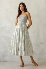 Cream Blue Floral Smocked Tiered Maternity Midi Dress