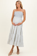 Cream Blue Floral Smocked Tiered Maternity Midi Dress
