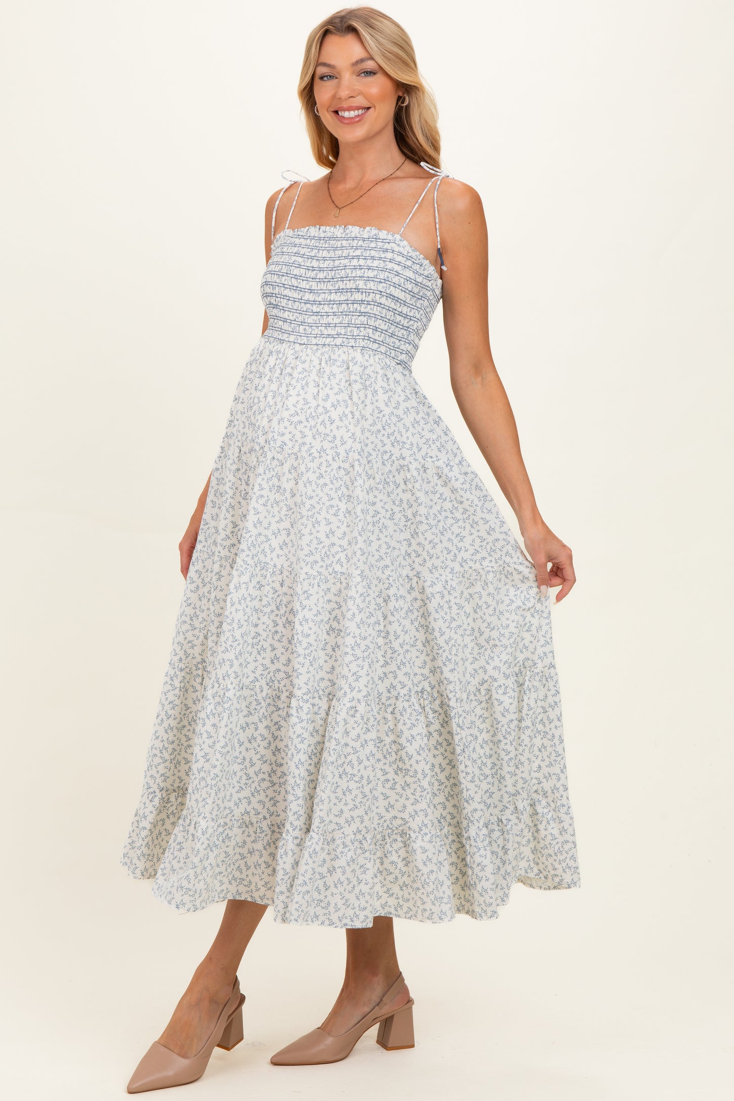 Cream Blue Floral Smocked Tiered Maternity Midi Dress