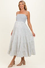 Cream Blue Floral Smocked Tiered Maternity Midi Dress