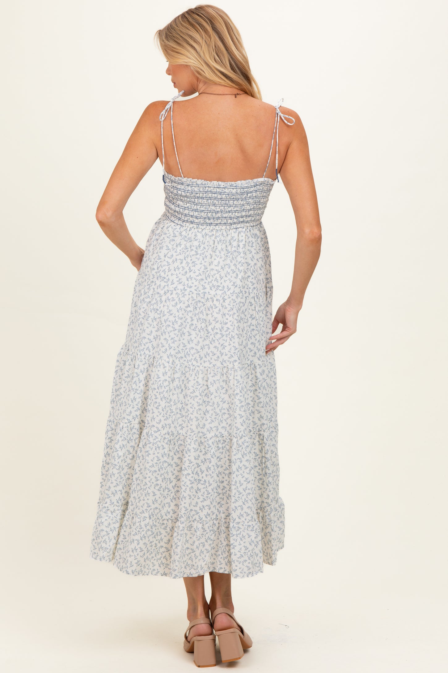 Cream Blue Floral Smocked Tiered Maternity Midi Dress