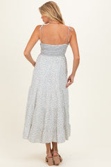 Cream Blue Floral Smocked Tiered Maternity Midi Dress
