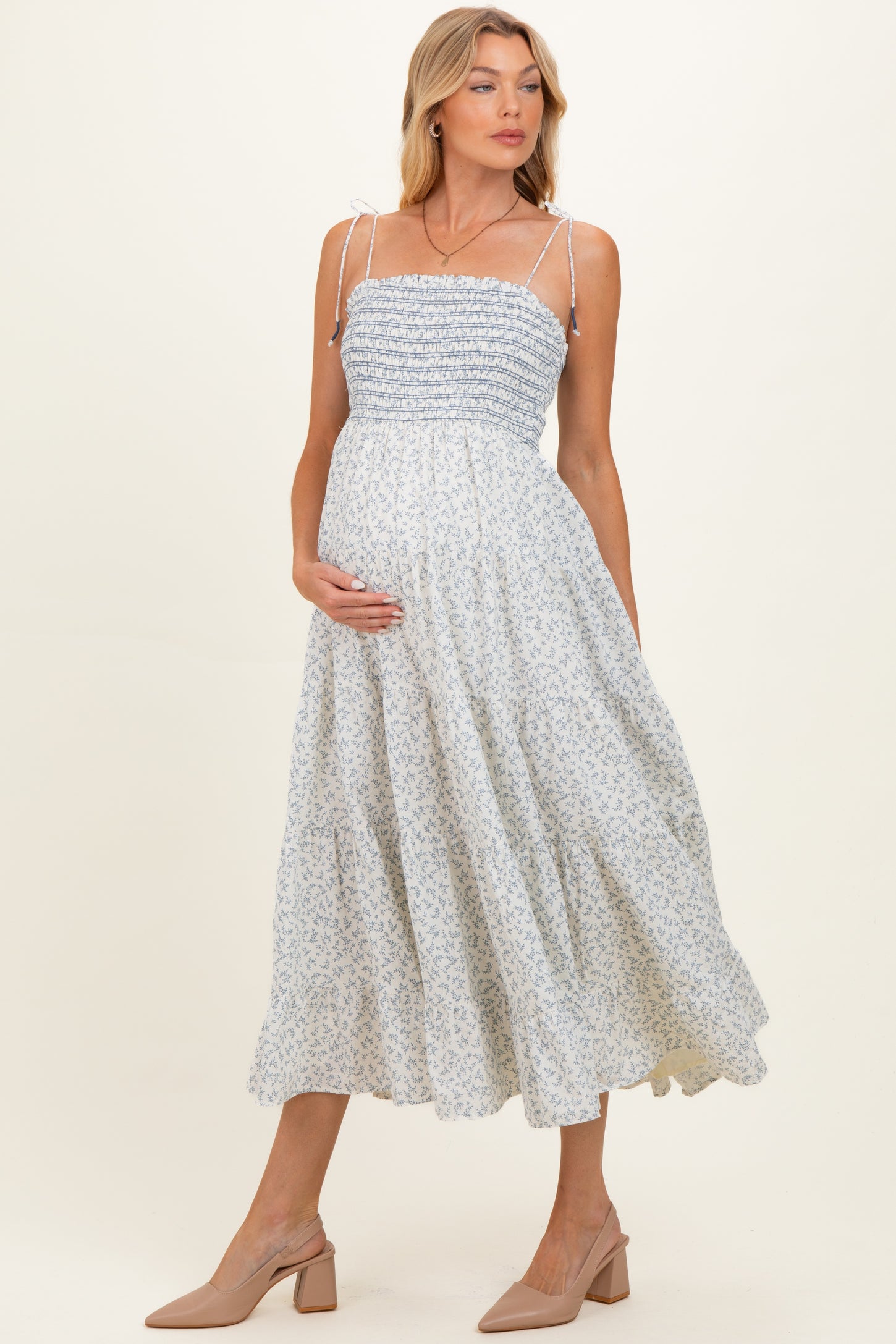 Cream Blue Floral Smocked Tiered Maternity Midi Dress