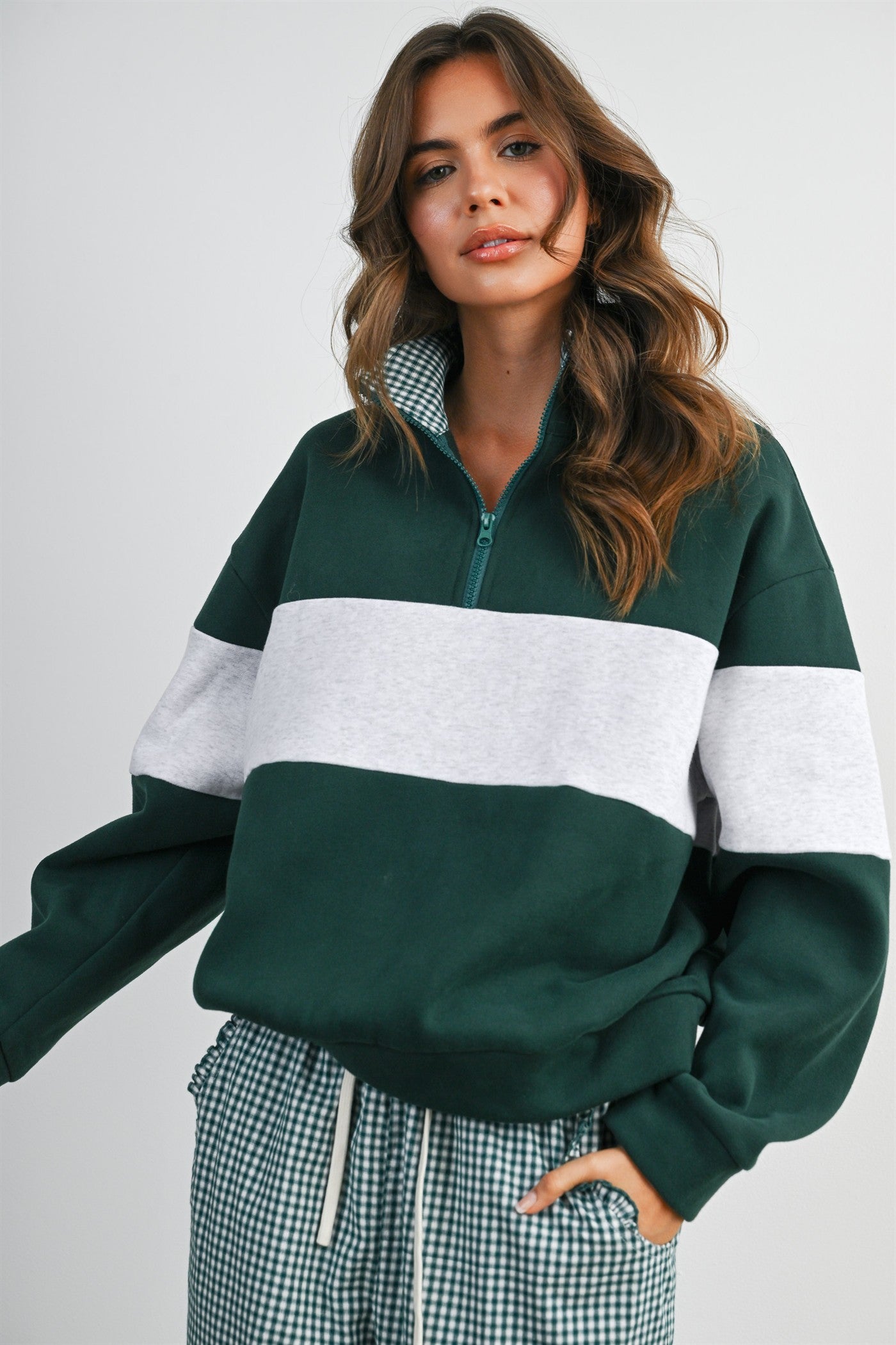 Green Colorblock Quarter Zip Sweatshirt