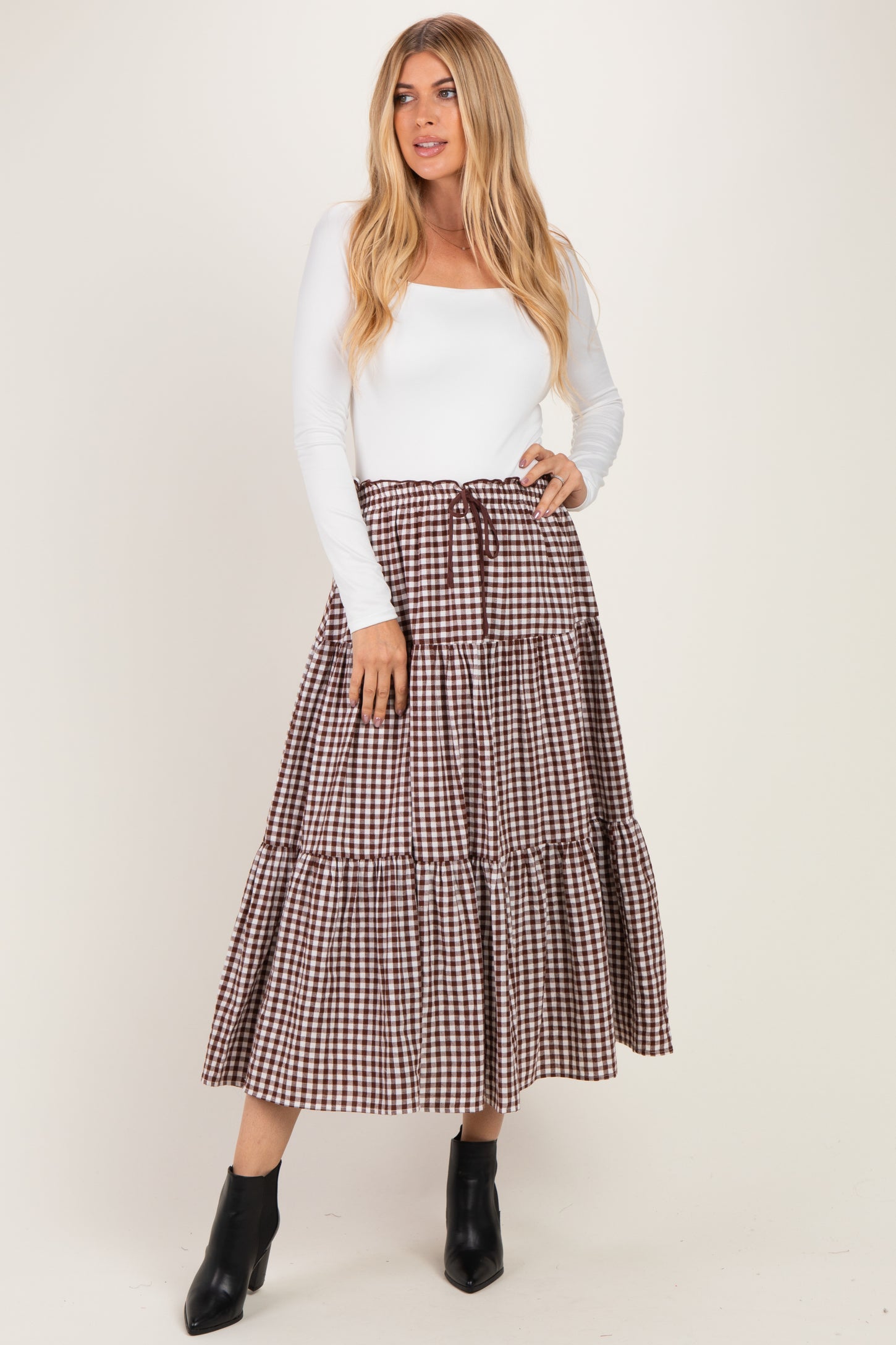 Brown Gingham Tiered Maxi Skirt