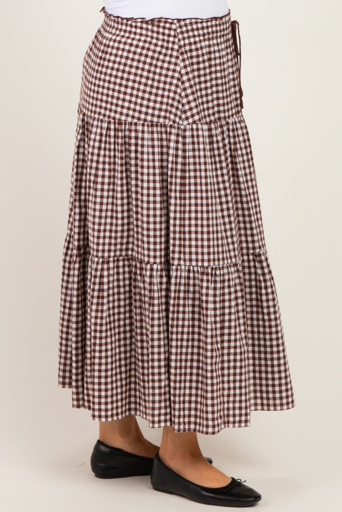 maternity wear brown and white gingham tiered maxi skirt with drawstring waist, model wearing black flat shoes