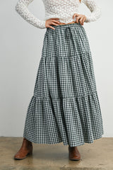 Navy Gingham Tiered Maxi Skirt