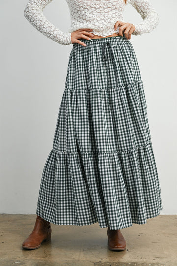 Navy Gingham Tiered Maxi Skirt