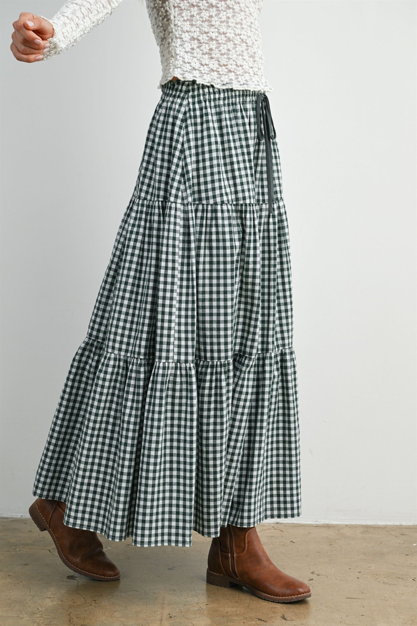 Navy Gingham Tiered Maxi Skirt