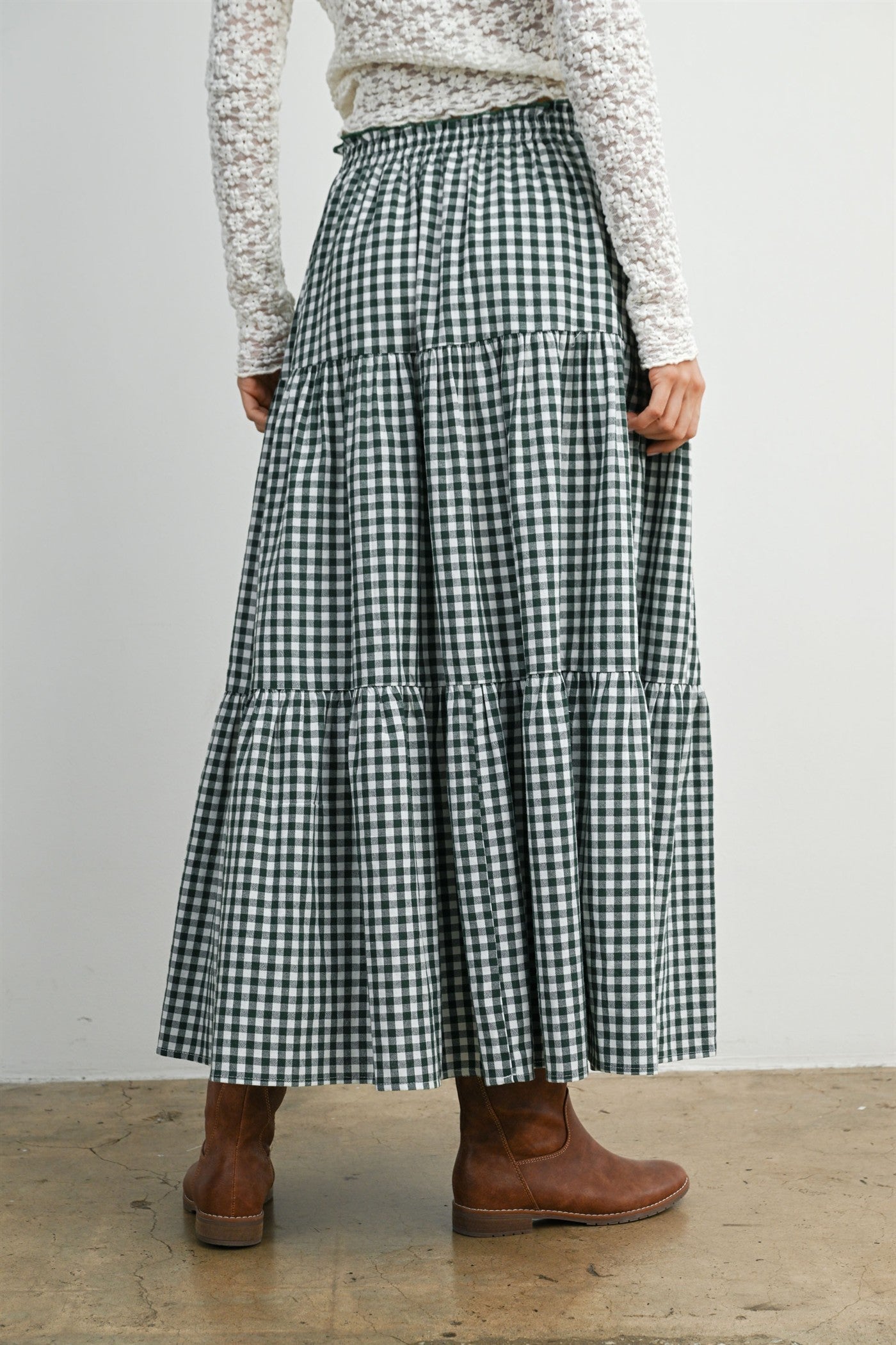 Navy Gingham Tiered Maxi Skirt