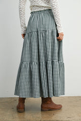 Navy Gingham Tiered Maxi Skirt