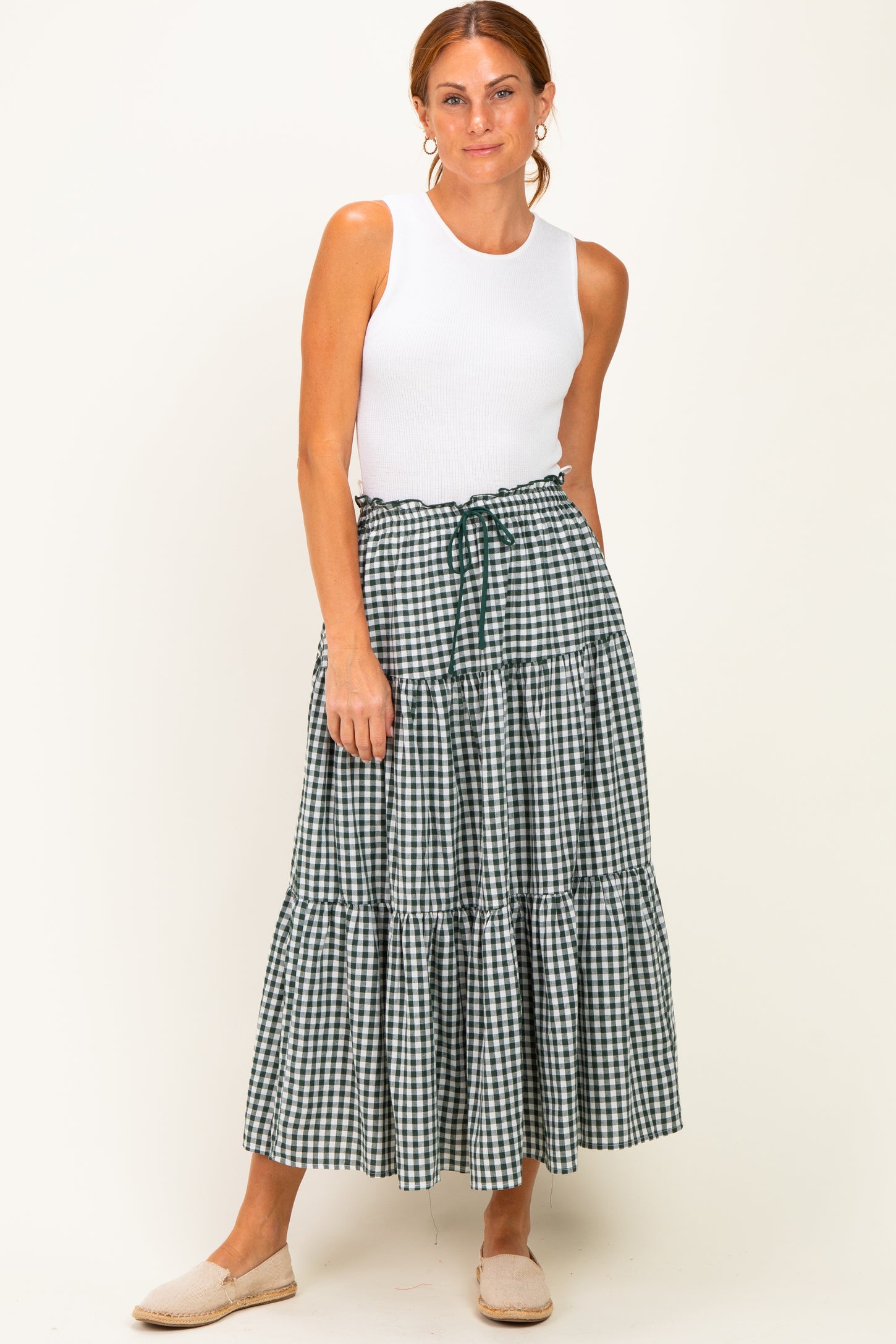 Olive Gingham Tiered Maternity Maxi Skirt