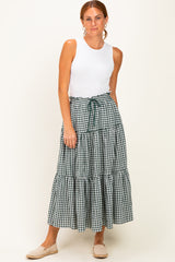 Olive Gingham Tiered Maternity Maxi Skirt