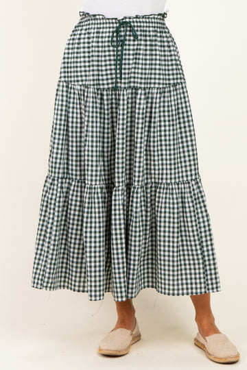 Olive Gingham Tiered Maxi Skirt
