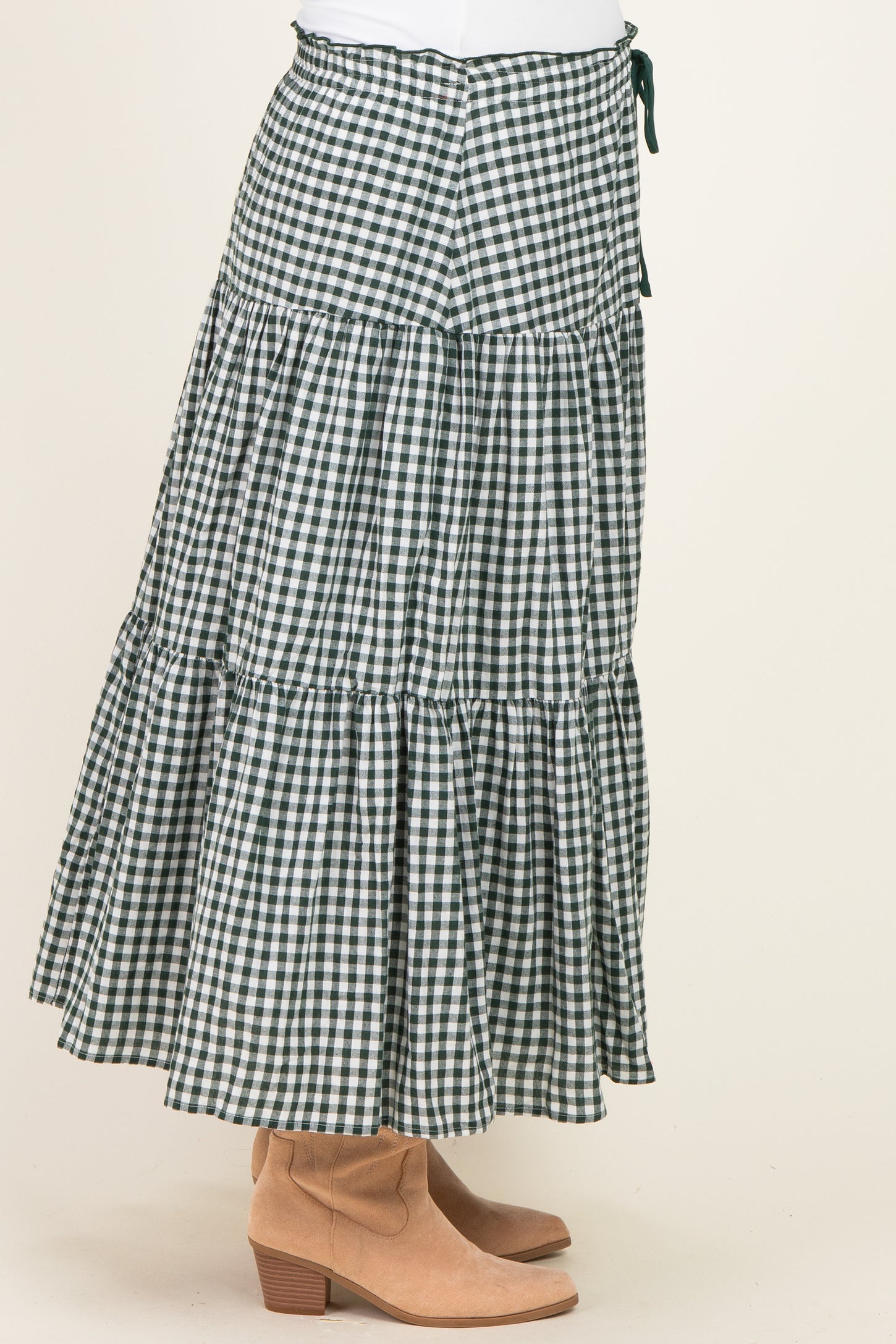 Olive Gingham Tiered Maternity Maxi Skirt
