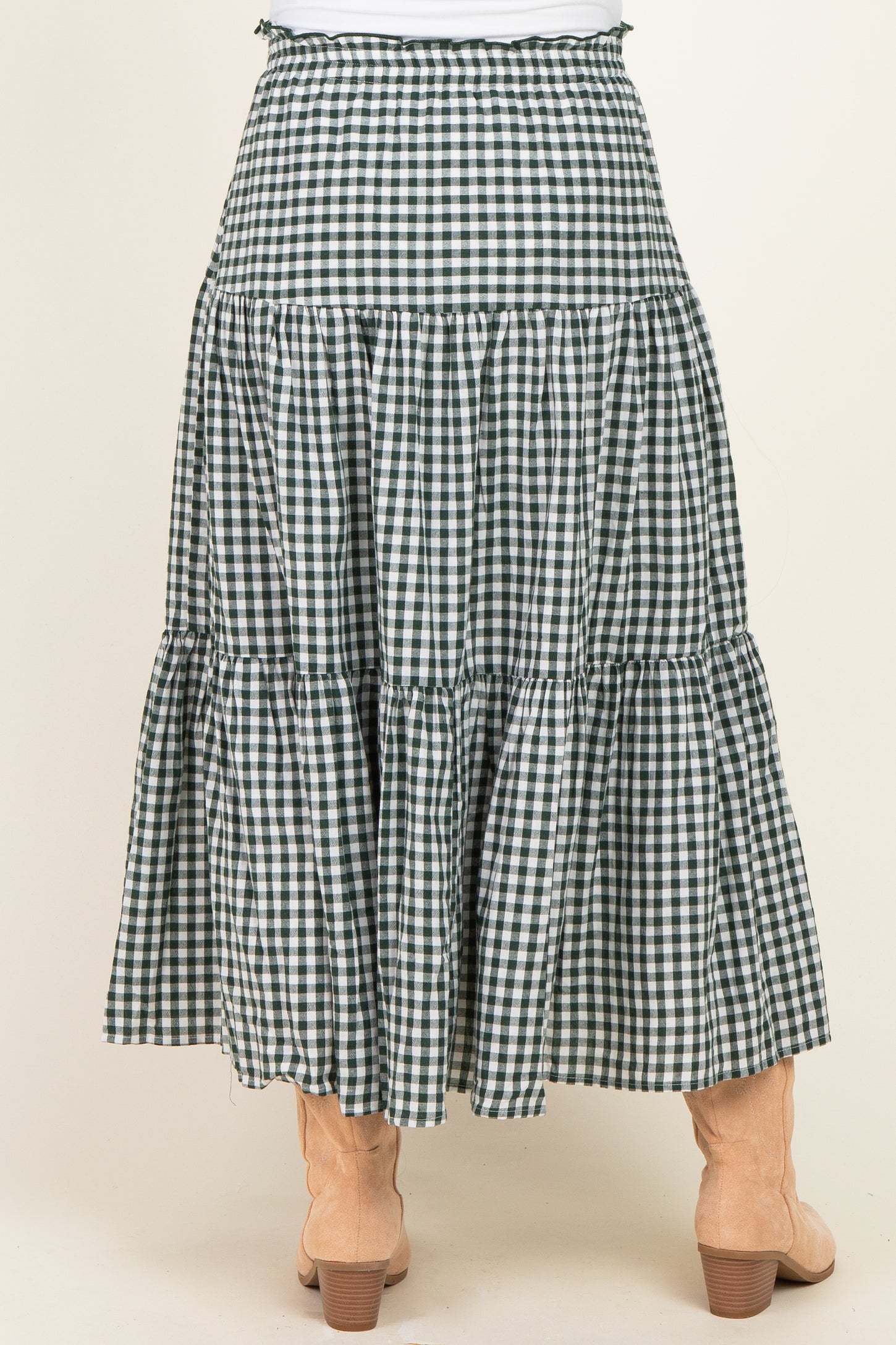 Olive Gingham Tiered Maternity Maxi Skirt