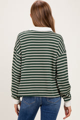 woman wearing a green and white striped maternity sweatshirt with a collared neckline and long sleeves, viewed from the back