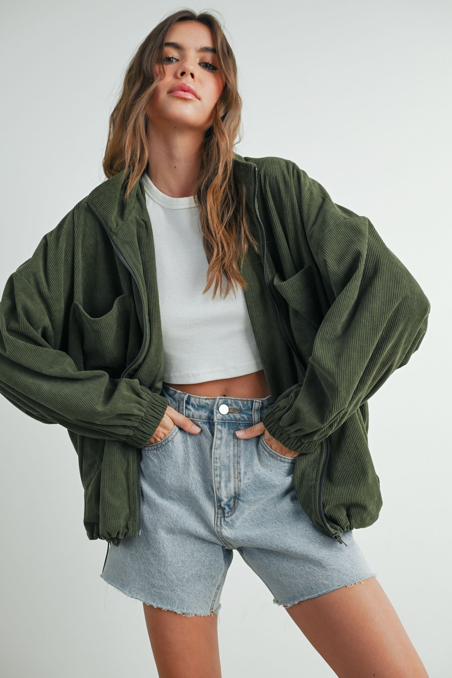 Olive Oversized Corduroy Zipper Jacket