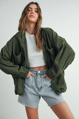 Olive Oversized Corduroy Zipper Jacket