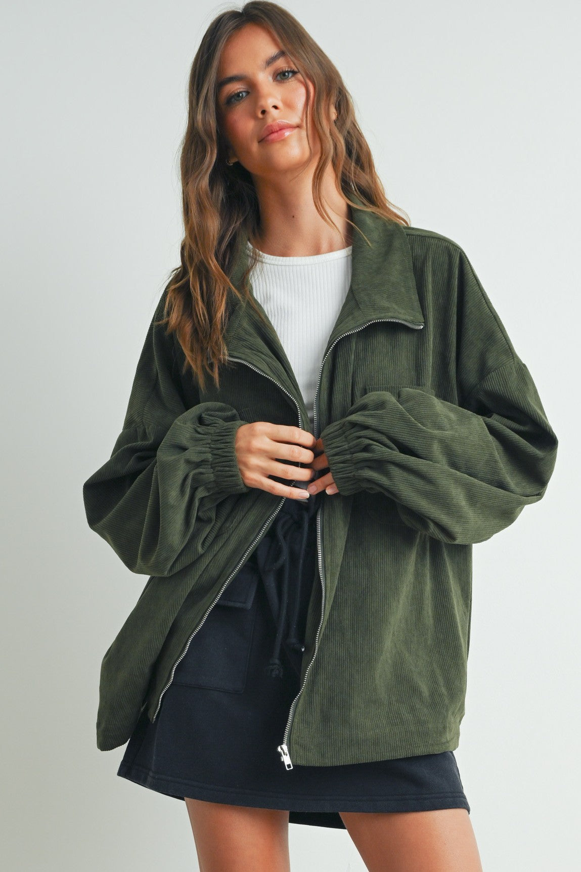 Olive Oversized Corduroy Maternity Zipper Jacket