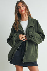 Olive Oversized Corduroy Maternity Zipper Jacket