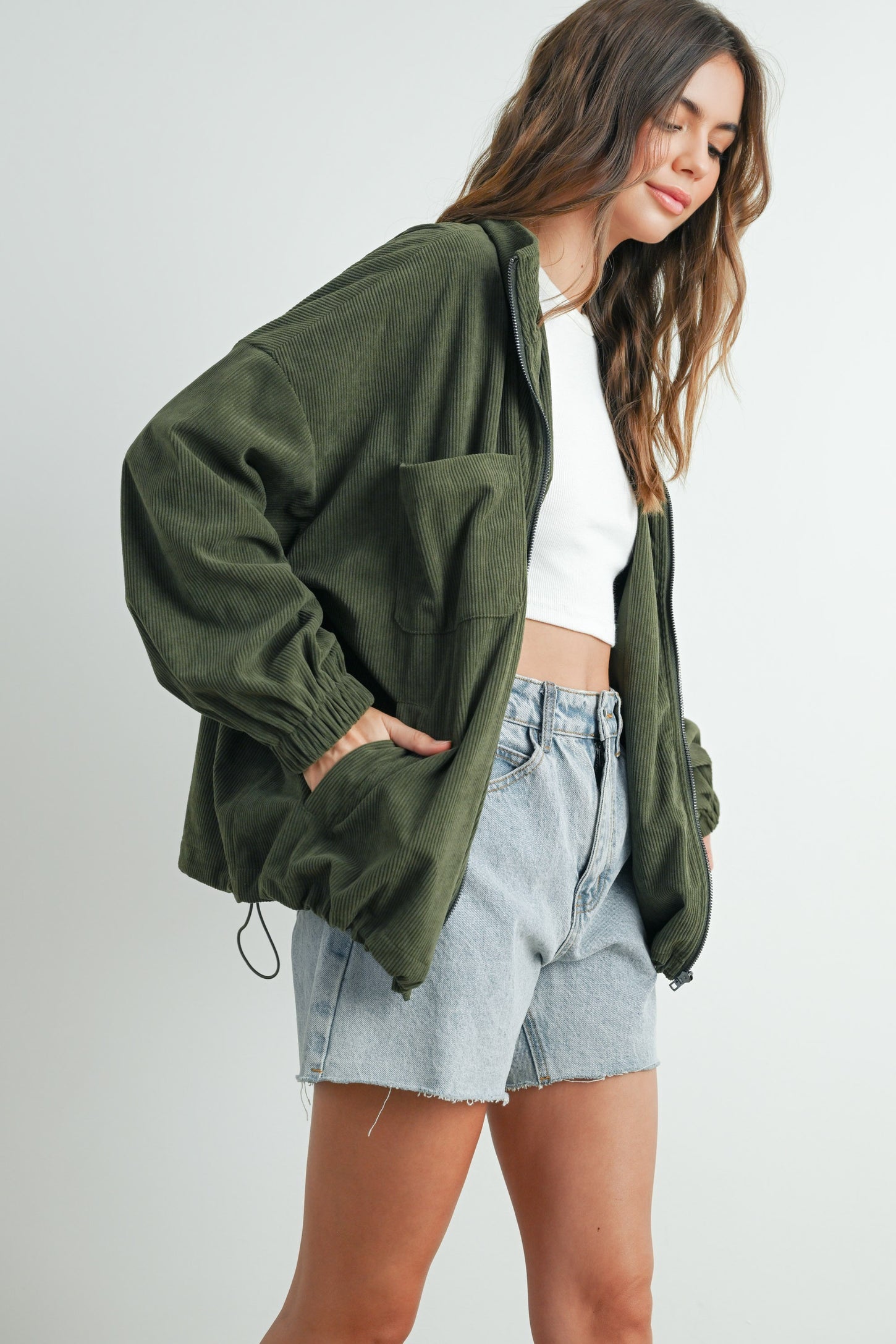 Olive Oversized Corduroy Zipper Jacket