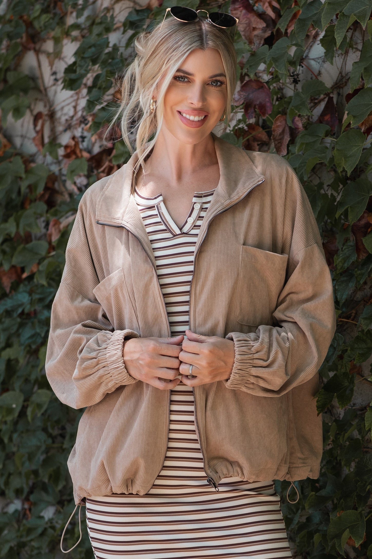 Khaki Oversized Corduroy Zipper Jacket