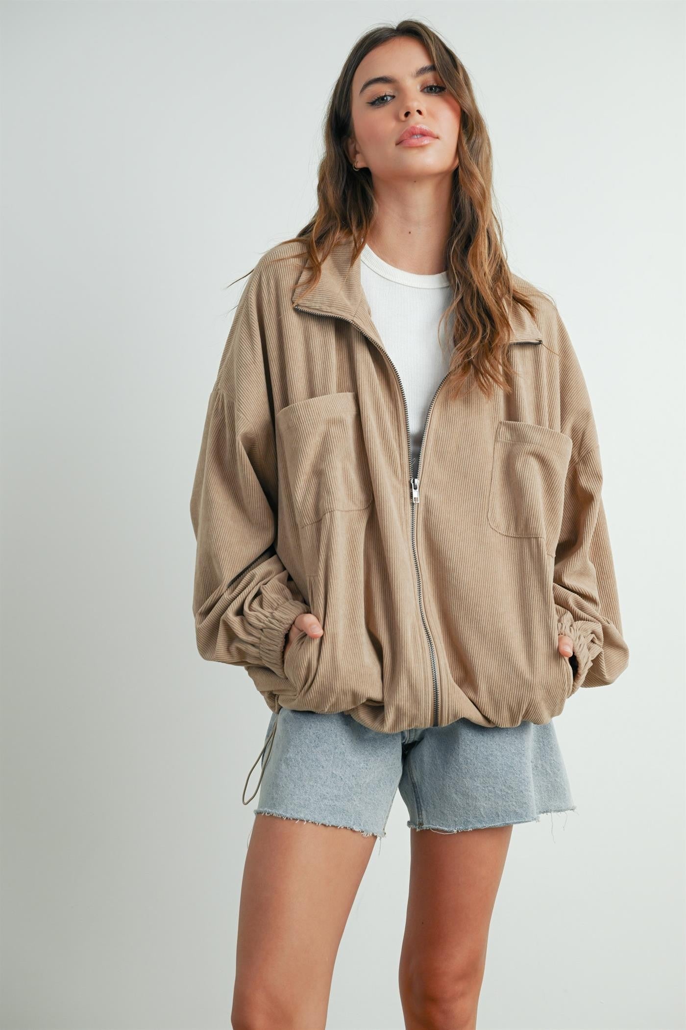 Khaki Oversized Corduroy Zipper Jacket