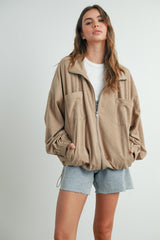 Khaki Oversized Corduroy Zipper Jacket