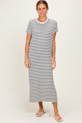 Charcoal/ Ivory Striped Short Sleeve Midi Dress