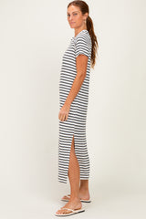 Charcoal/ Ivory Striped Short Sleeve Midi Dress