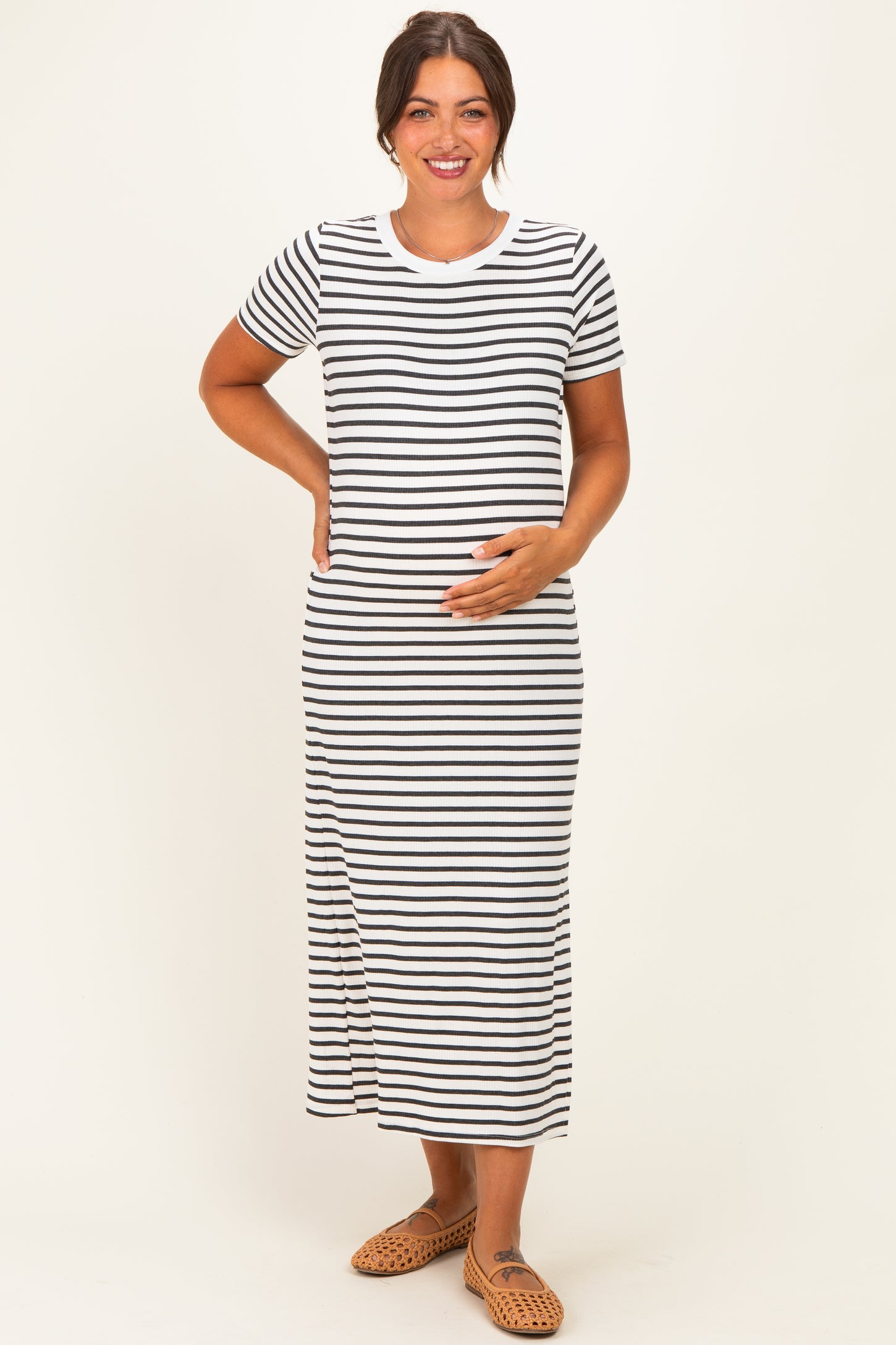 Charcoal/ Ivory Striped Short Sleeve Maternity Midi Dress