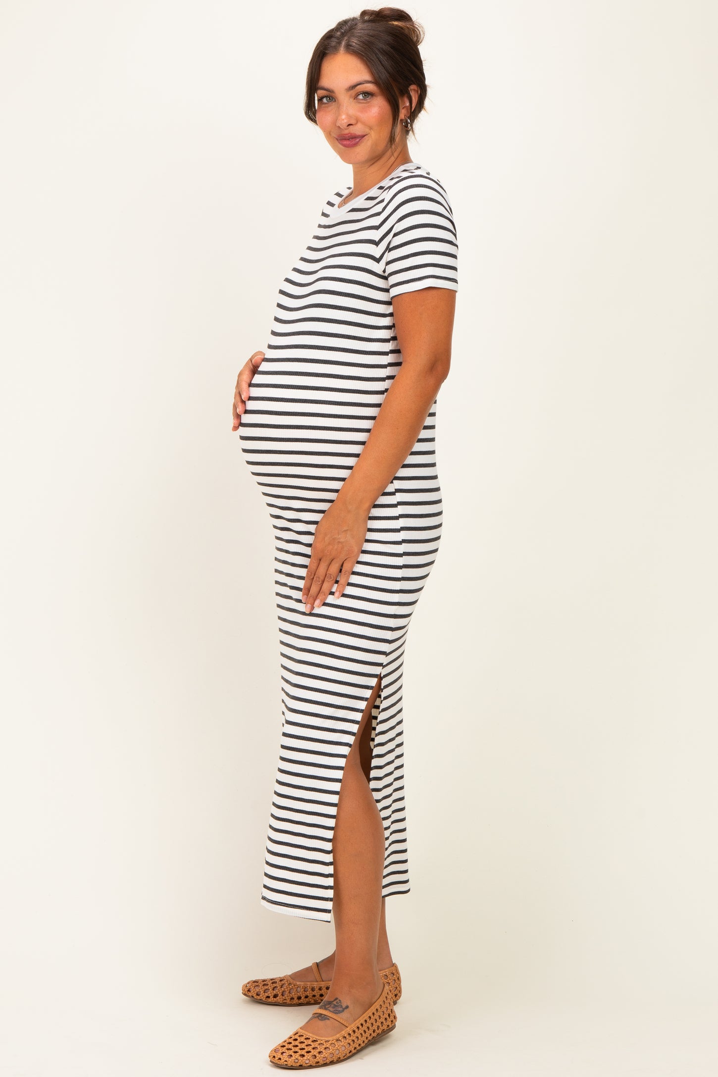 Charcoal/ Ivory Striped Short Sleeve Maternity Midi Dress