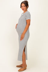 Charcoal/ Ivory Striped Short Sleeve Maternity Midi Dress