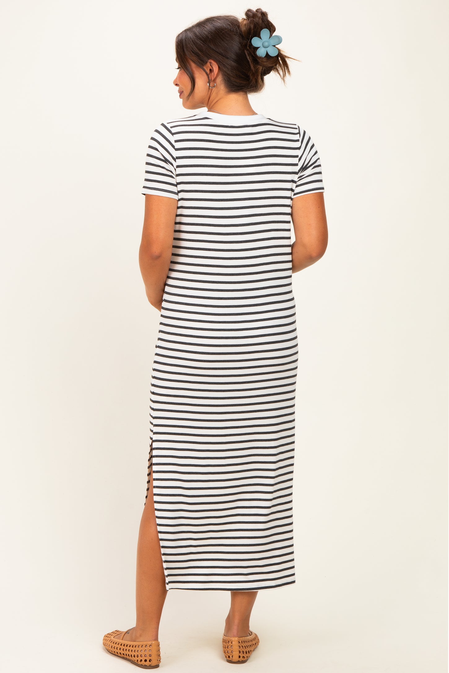 Charcoal/ Ivory Striped Short Sleeve Maternity Midi Dress
