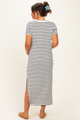 Charcoal/ Ivory Striped Short Sleeve Maternity Midi Dress