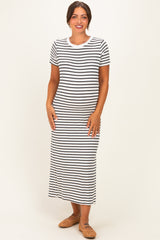 Charcoal/ Ivory Striped Short Sleeve Maternity Midi Dress
