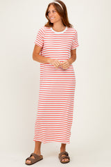 Coral/ Ivory Striped Short Sleeve Maternity Midi Dress