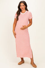 Coral/ Ivory Striped Short Sleeve Maternity Midi Dress